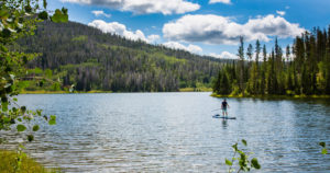 Steamboat Springs, CO lake with man paddle boarding